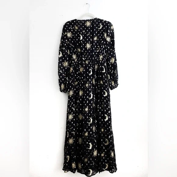 J. Crew Black and Gold Long Sleeve Celestial Moon and Stars Maxi Dress Small - Picture 3 of 10